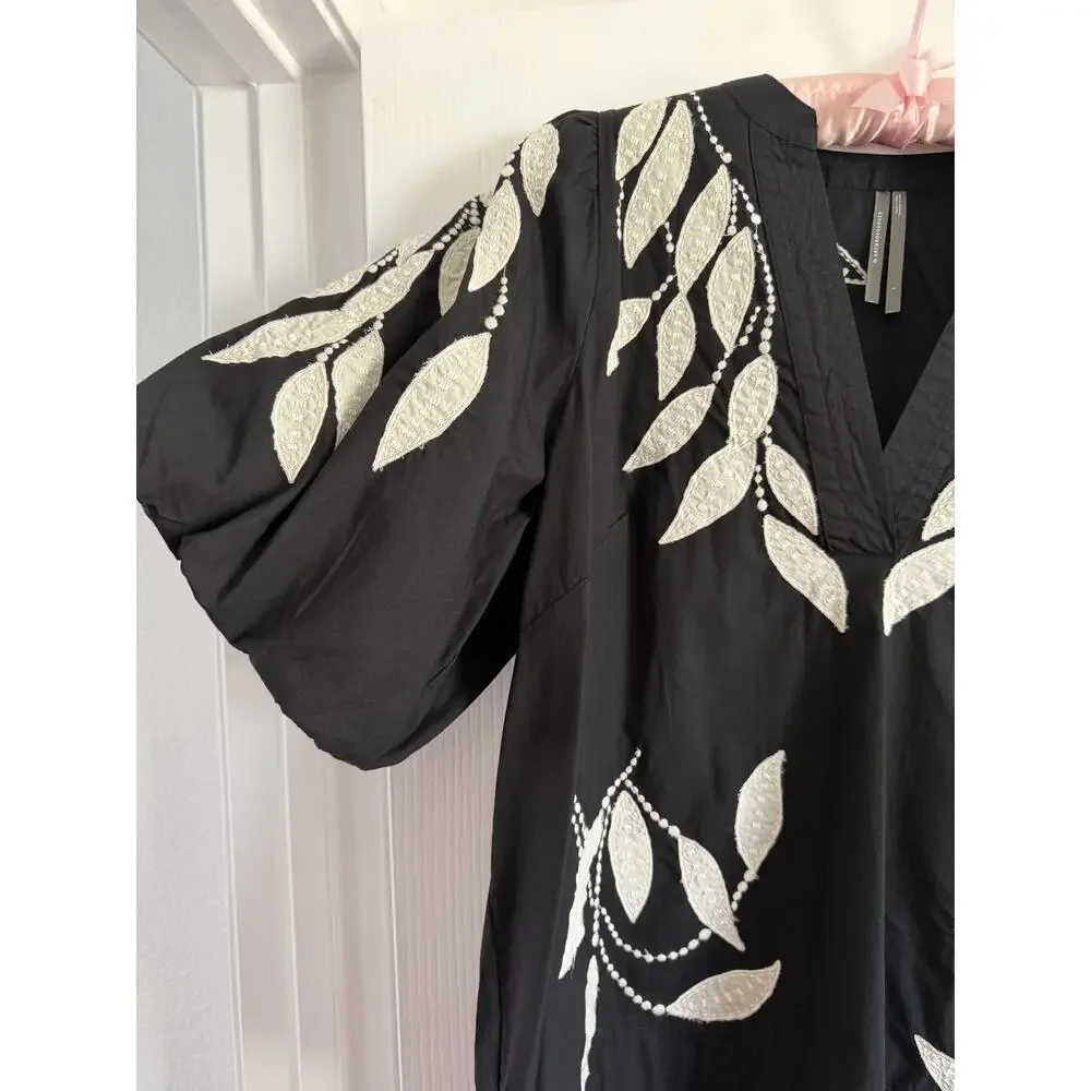 Anthropologie Embroidered V-Neck Puff Sleeve Blouse Size L